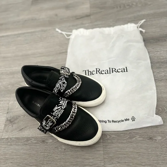 AMIRI BLACK LEATHER BANDANA CHAIN SLIP ON SNEAKERS WITH